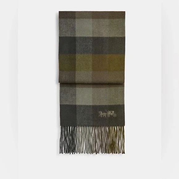 NWT Coach Check Print Extra Long Muffler Scarf Wool 4629 Olive Drab Army RARE - Picture 1 of 2
